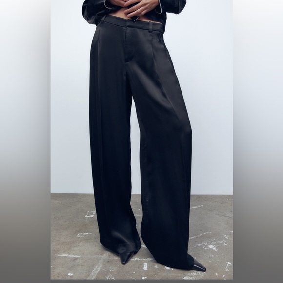 Zara Pants - Black satin trousers with rhinestone side panel
